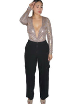 Luxe slinky foil deep v-neck long sleeve bodysuit